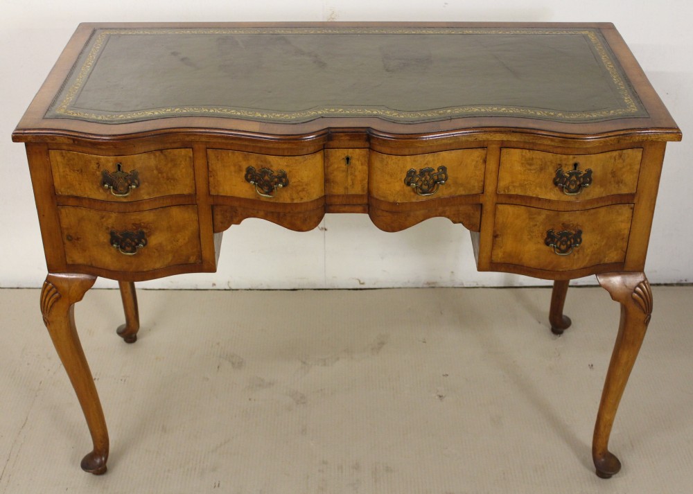 serpentine shaped burr walnut writing table