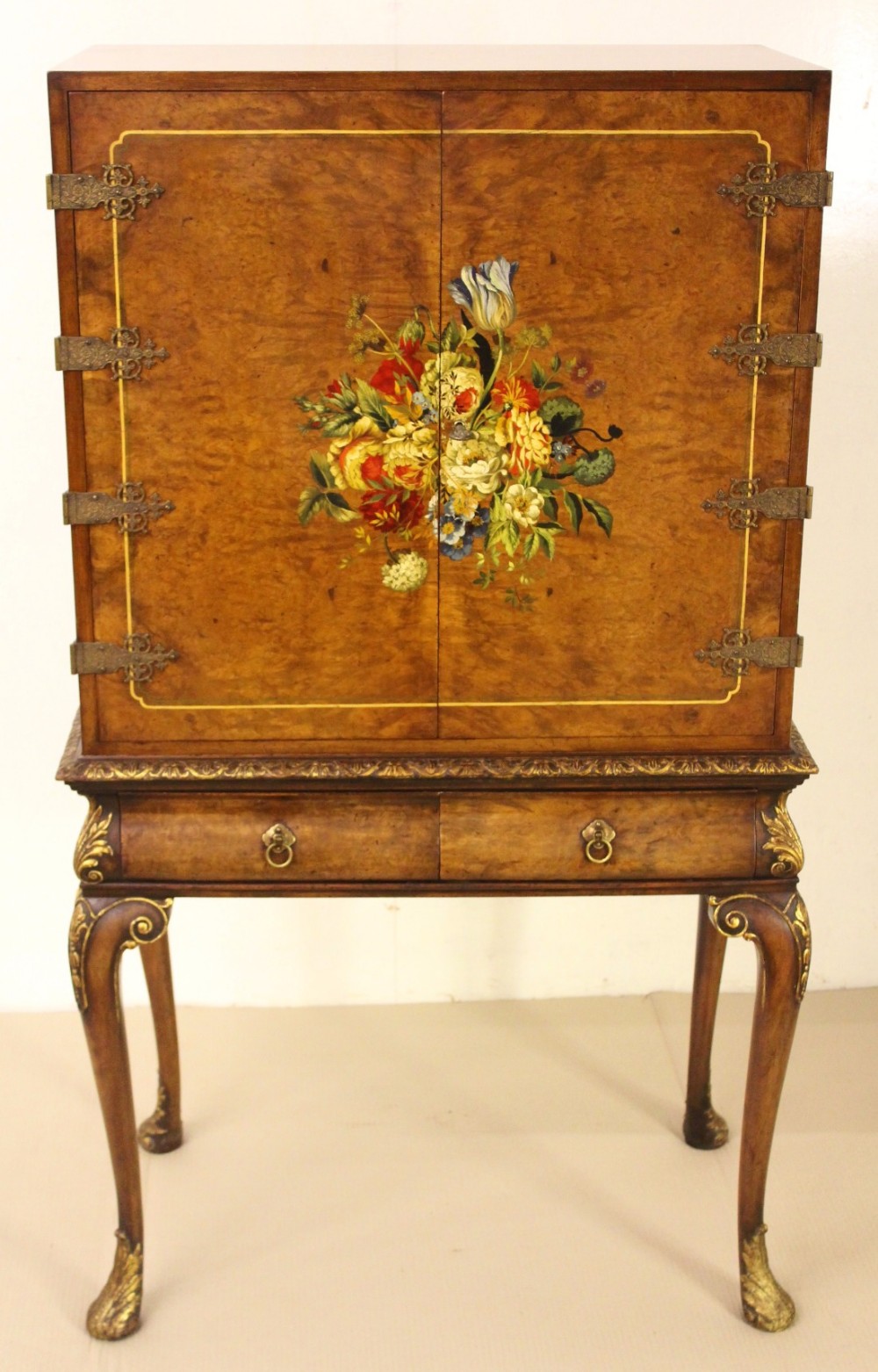 floral painted burr walnut cocktail cabinet