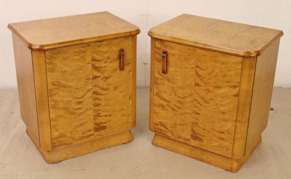 pair of art deco satin birch bedside cupboards