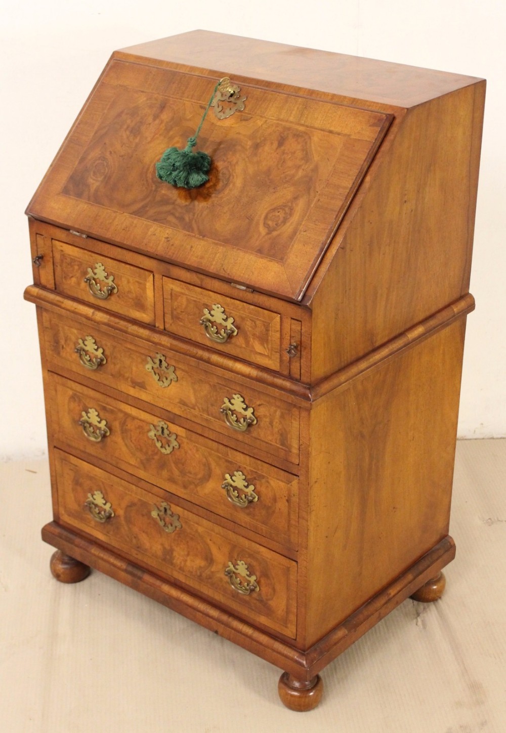 william and mary style burr walnut bureau