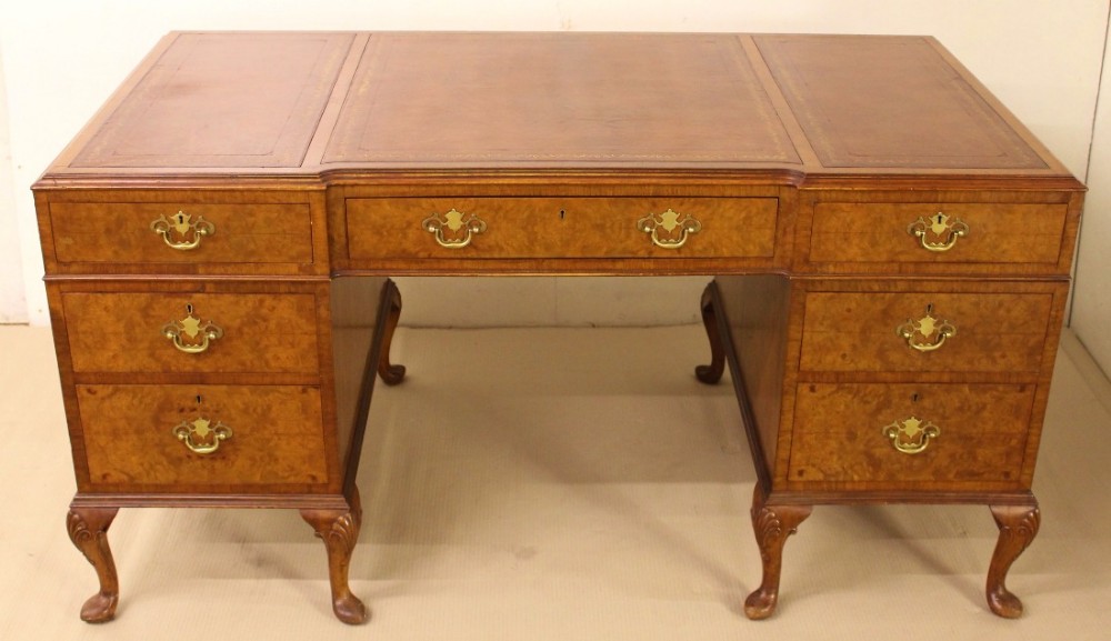burr walnut pedestal desk