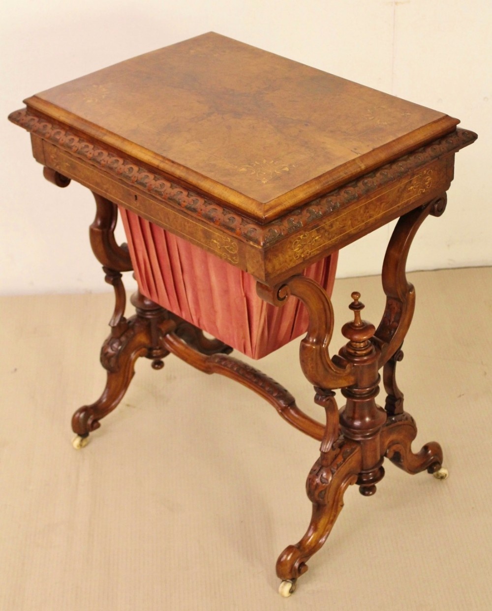 victorian inlaid burr walnut work table