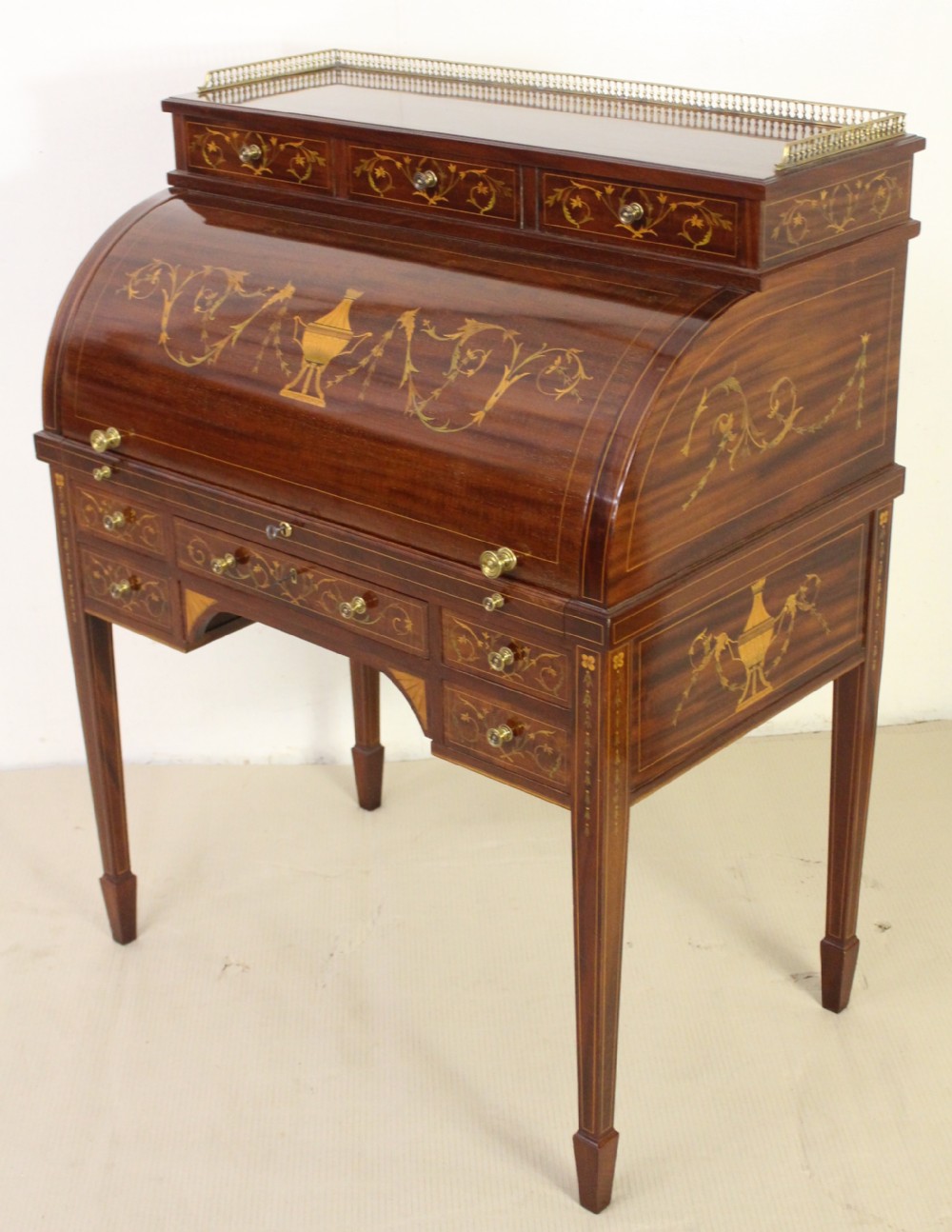 finest quality inlaid mahogany cylinder bureau