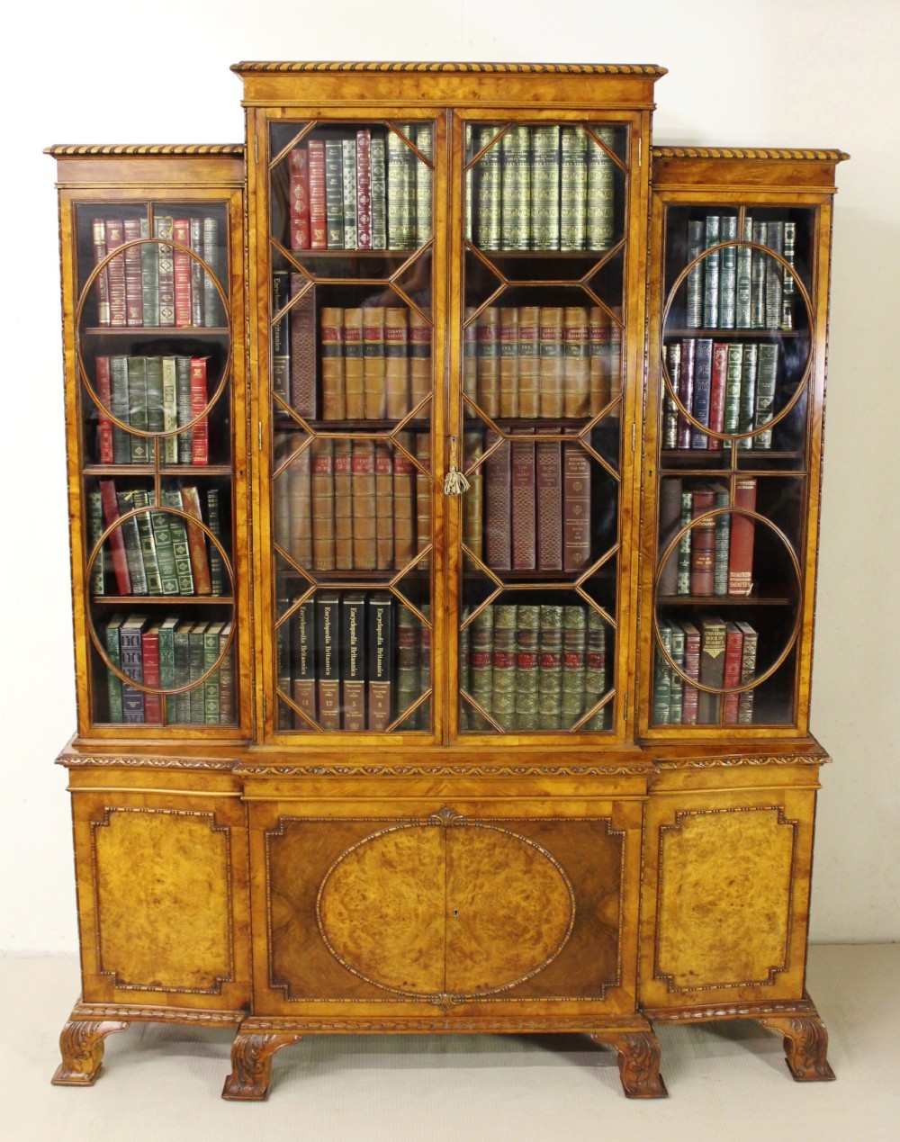 waring and gillow breakfront burr walnut bookcase
