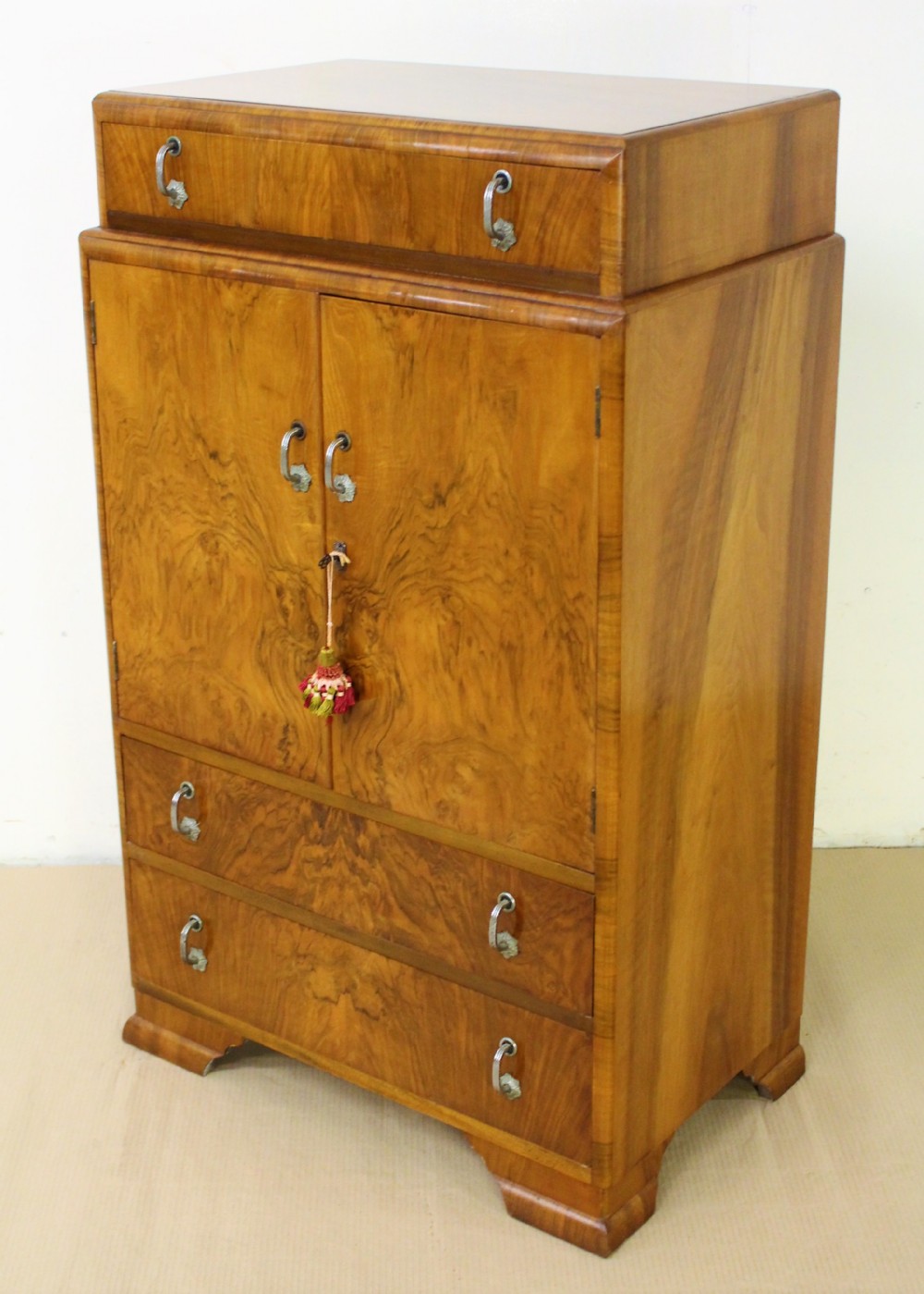 art deco burr walnut linen press