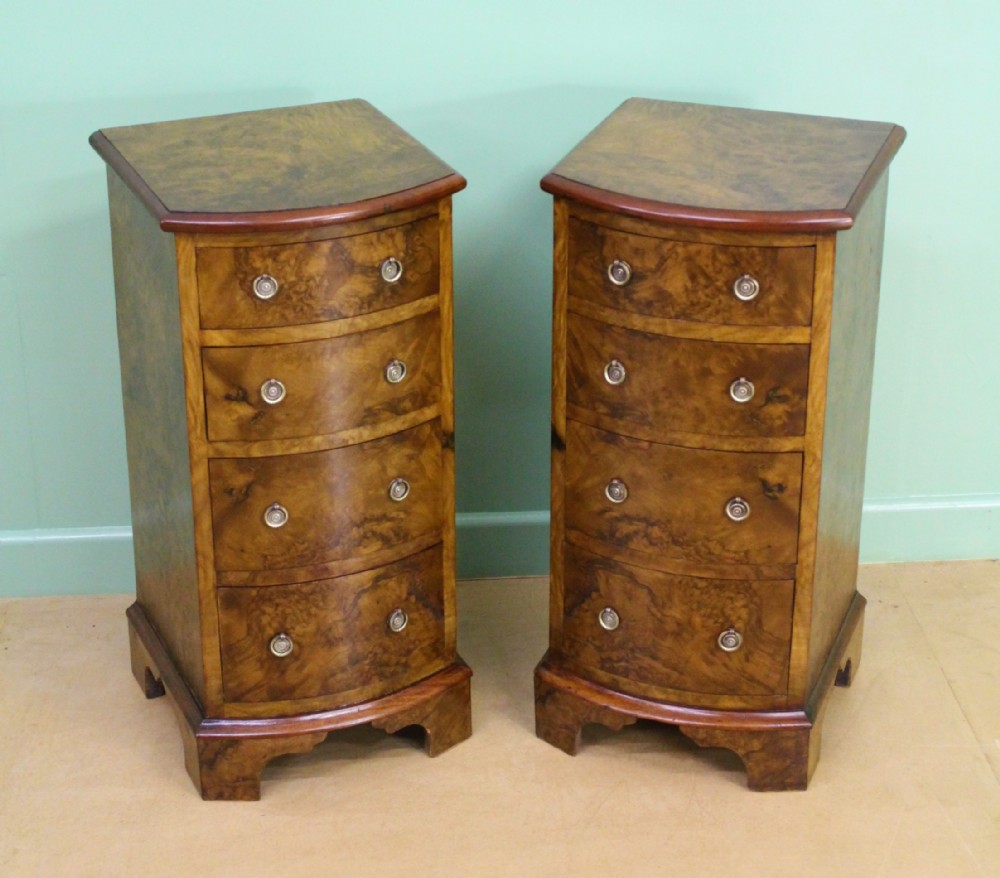 pair of victorian burr walnut bow fronted bedside chests