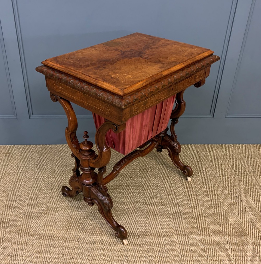 victorian inlaid burr walnut work table