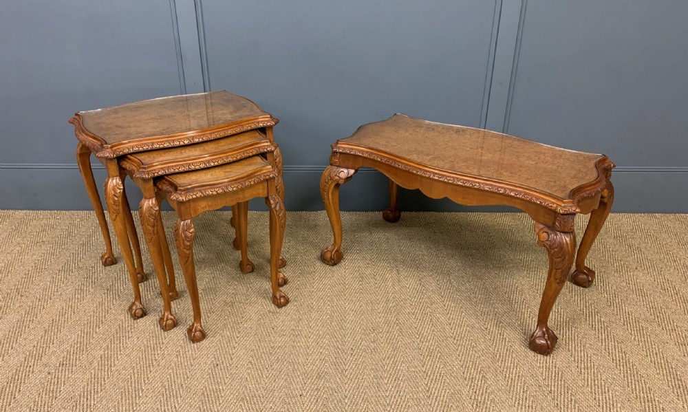 burr walnut nest of 3 tables and matching coffee table