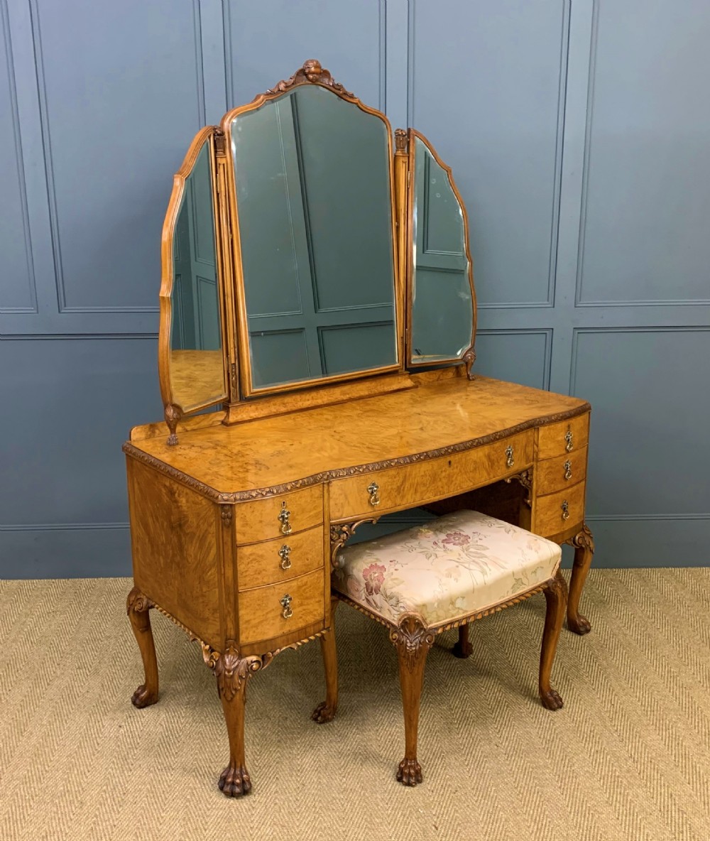 queen anne style burr walnut dressing table and stool