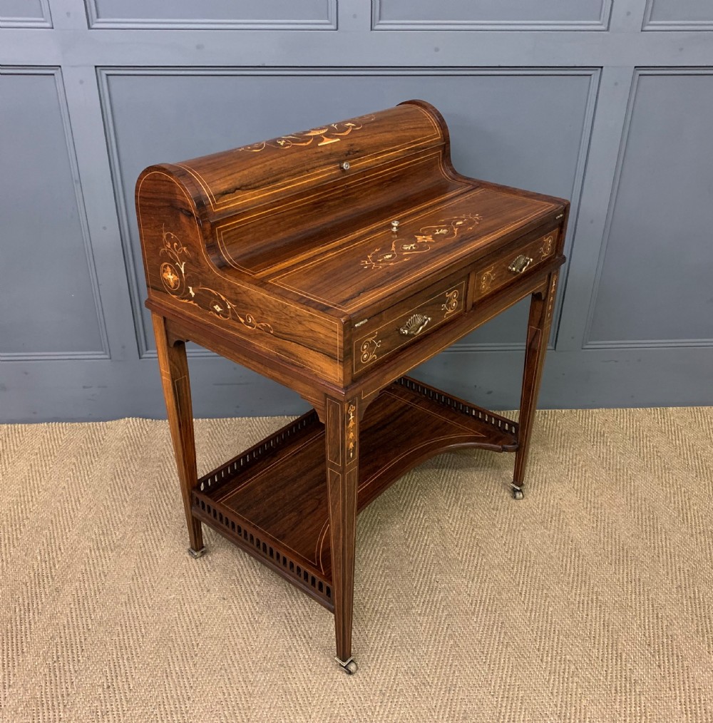 victorian inlaid rosewood cylinder top desk by jas shoolbred