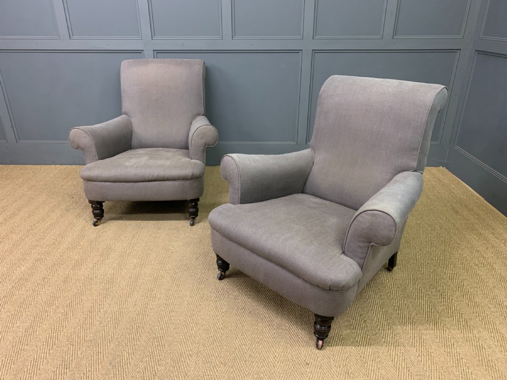 pair of victorian upholstered easy armchairs