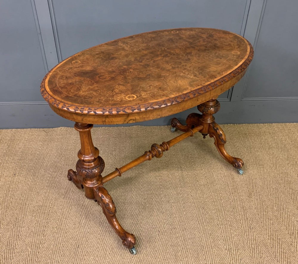 victorian inlaid burr walnut stretcher table