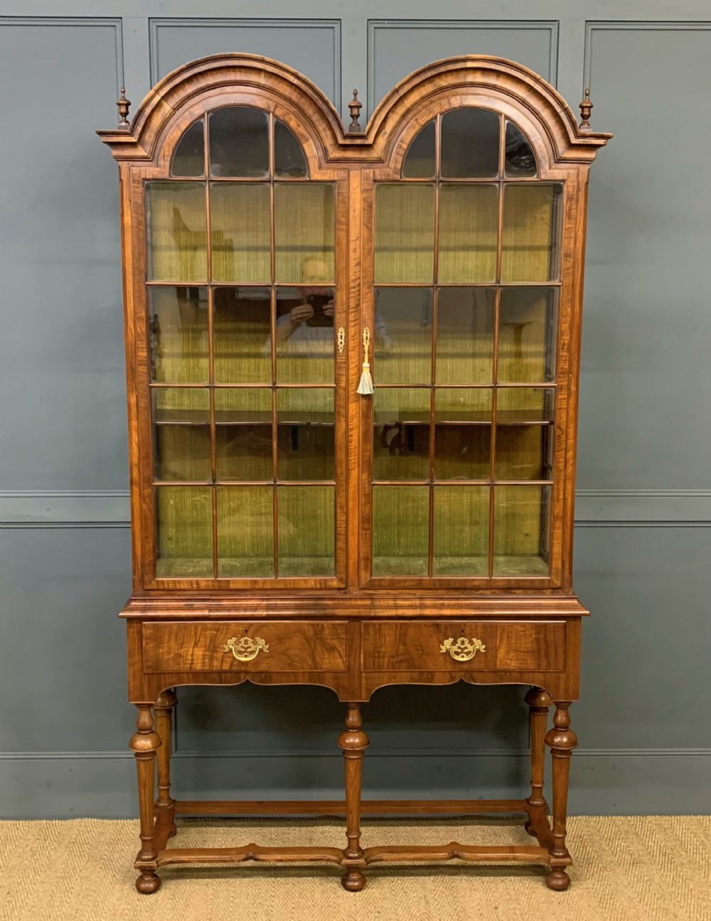 burr walnut double dome topped display cabinet