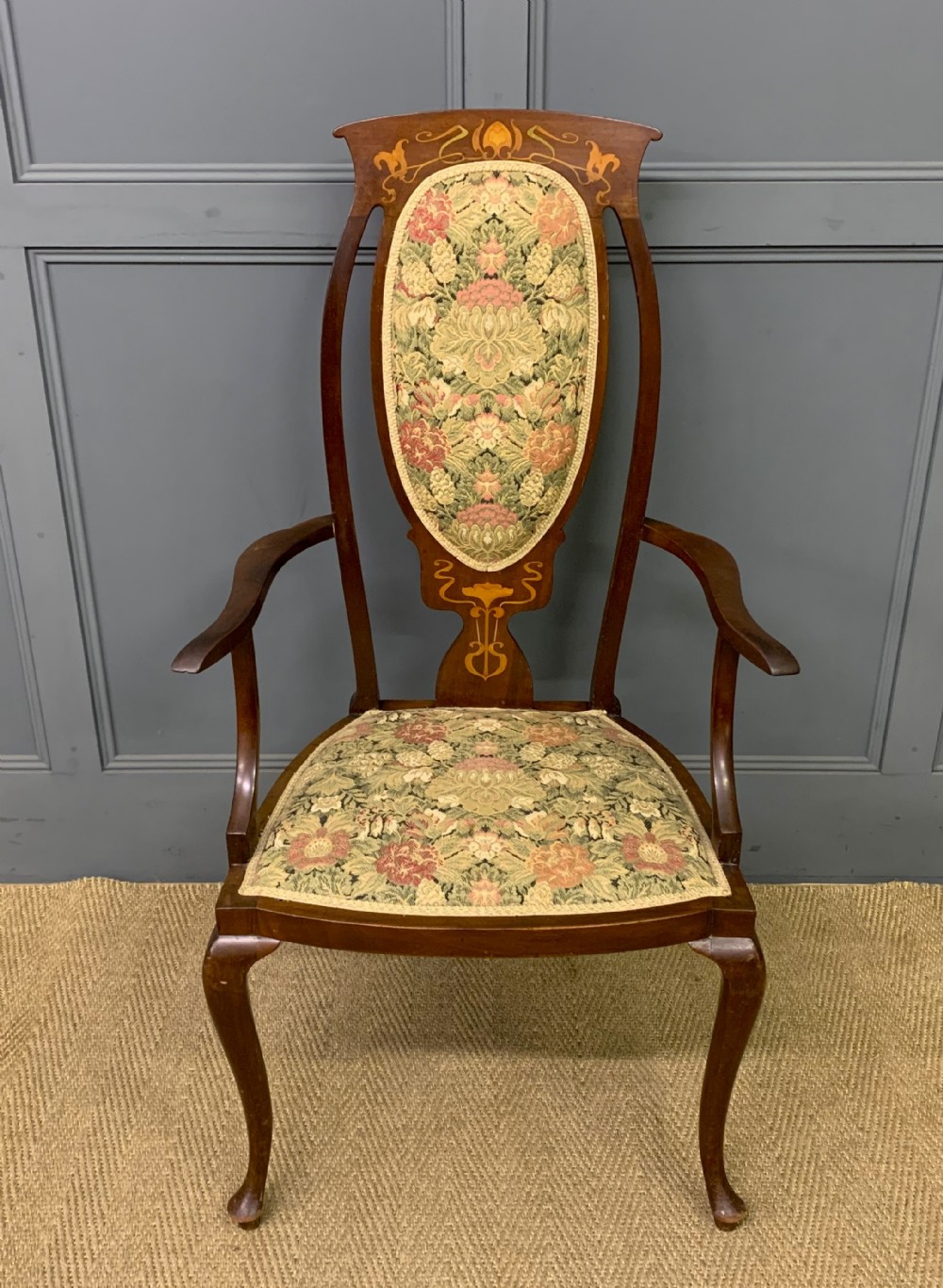 art nouveau inlaid mahogany armchair