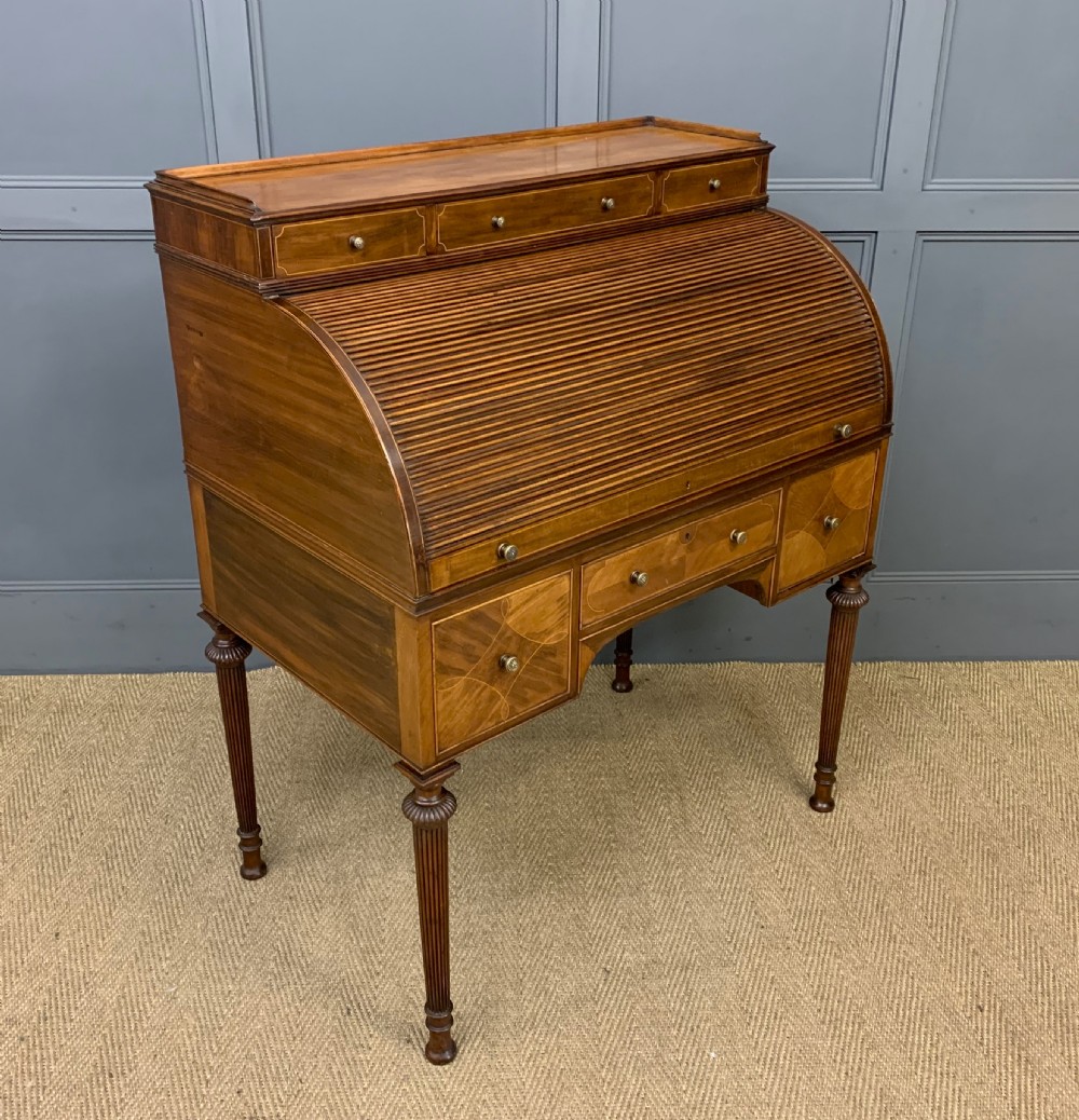 maple co inlaid mahogany tambour cylinder desk