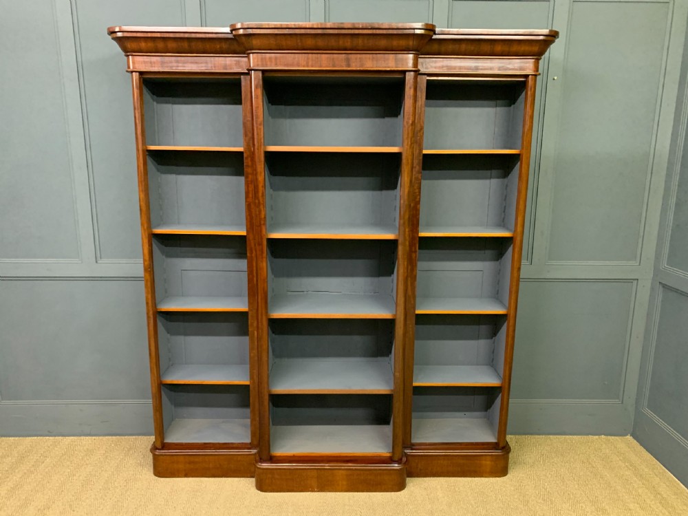 victorian mahogany break front open bookcase