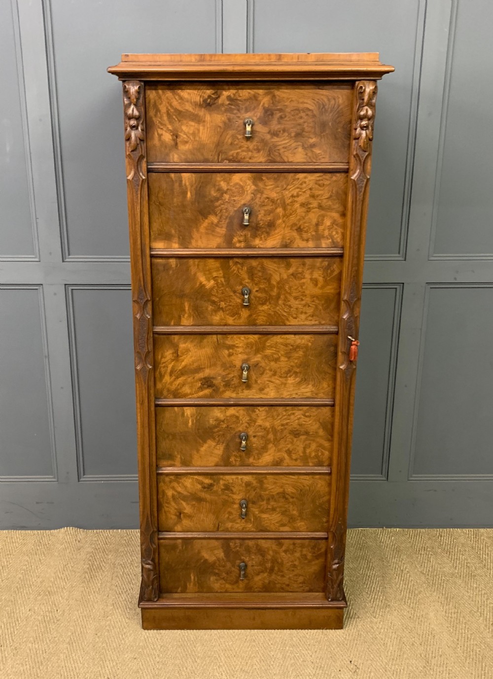 victorian burr walnut wellington chest