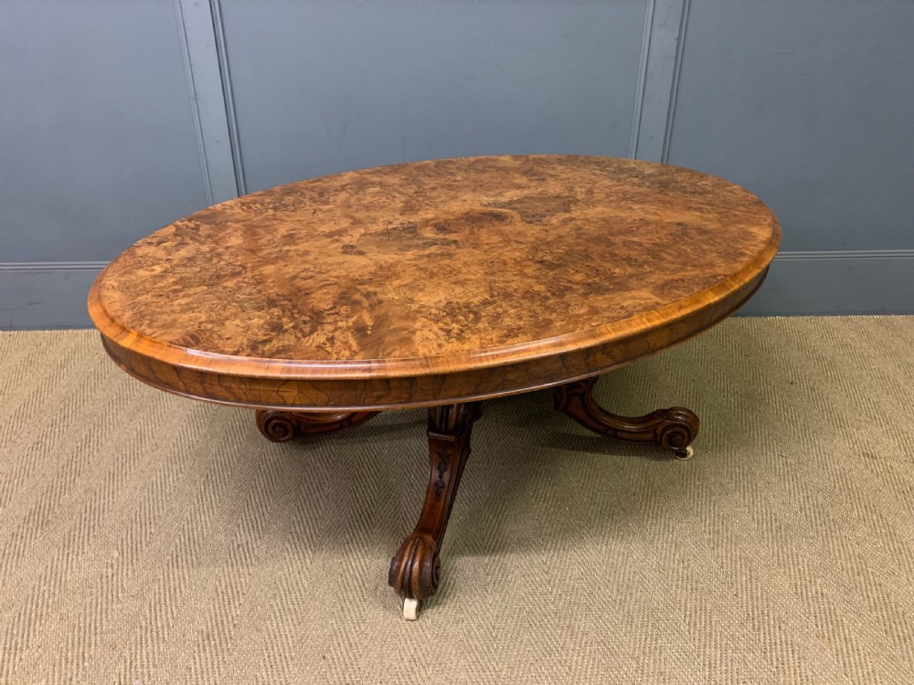 large sized victorian burr walnut coffee table