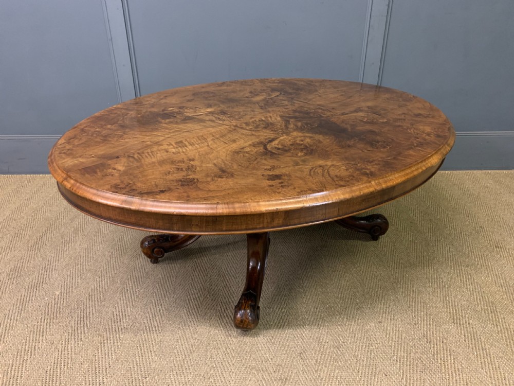large sized victorian burr walnut coffee table