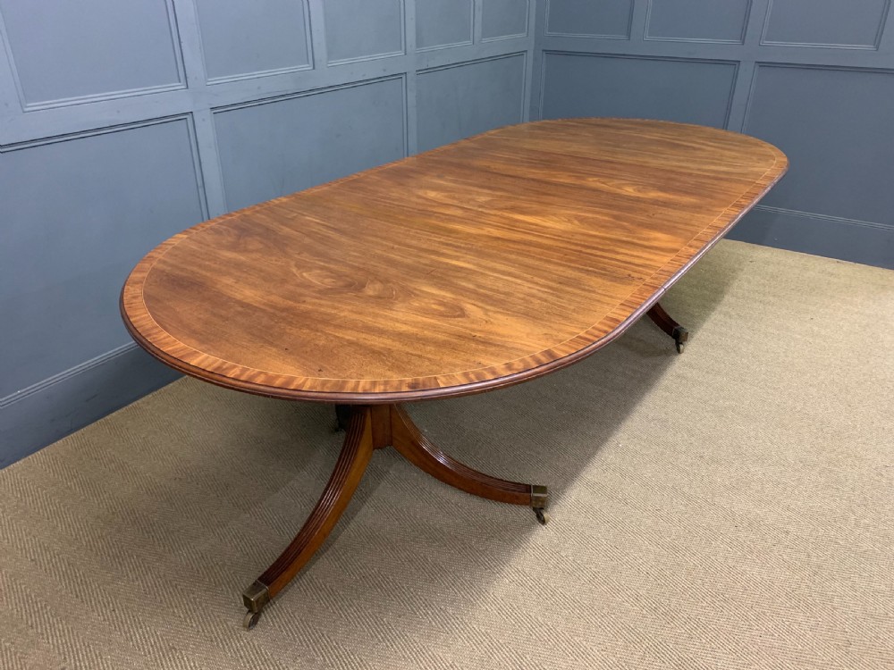 large twin pillar 2 leaf inlaid mahogany dining table