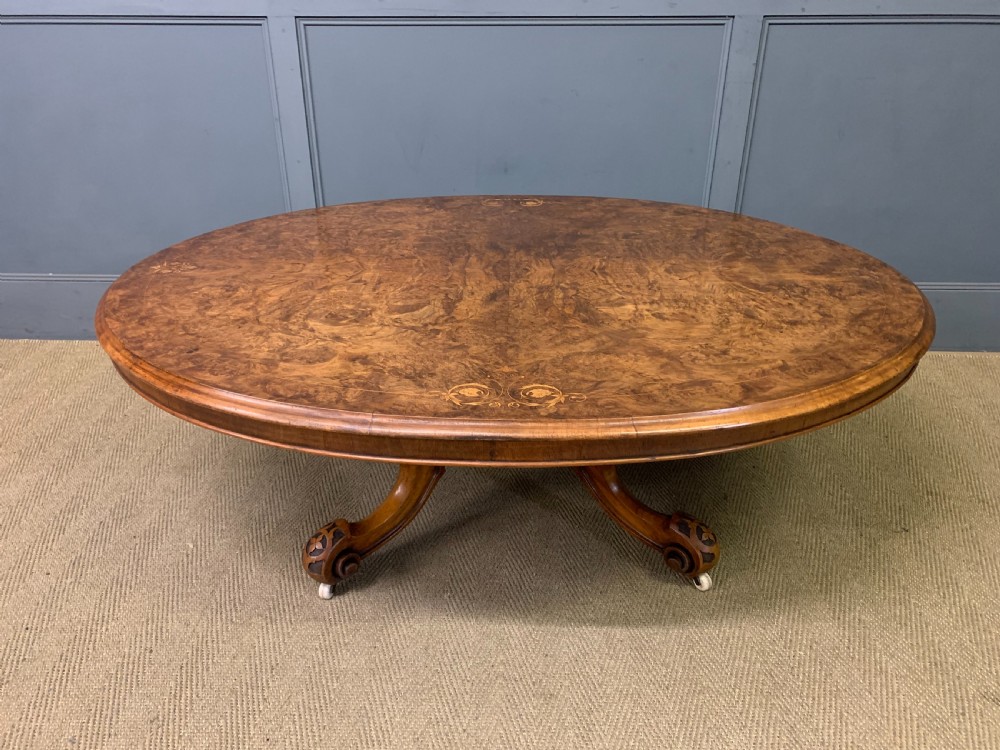 large sized victorian inlaid burr walnut coffee table