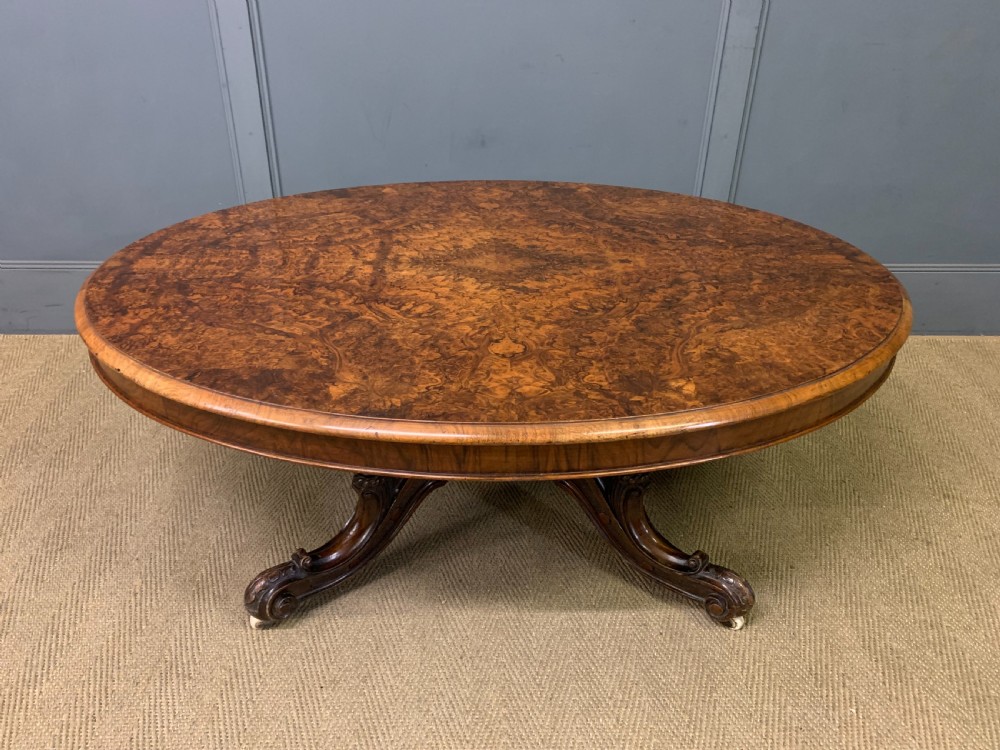 large sized victorian burr walnut coffee table