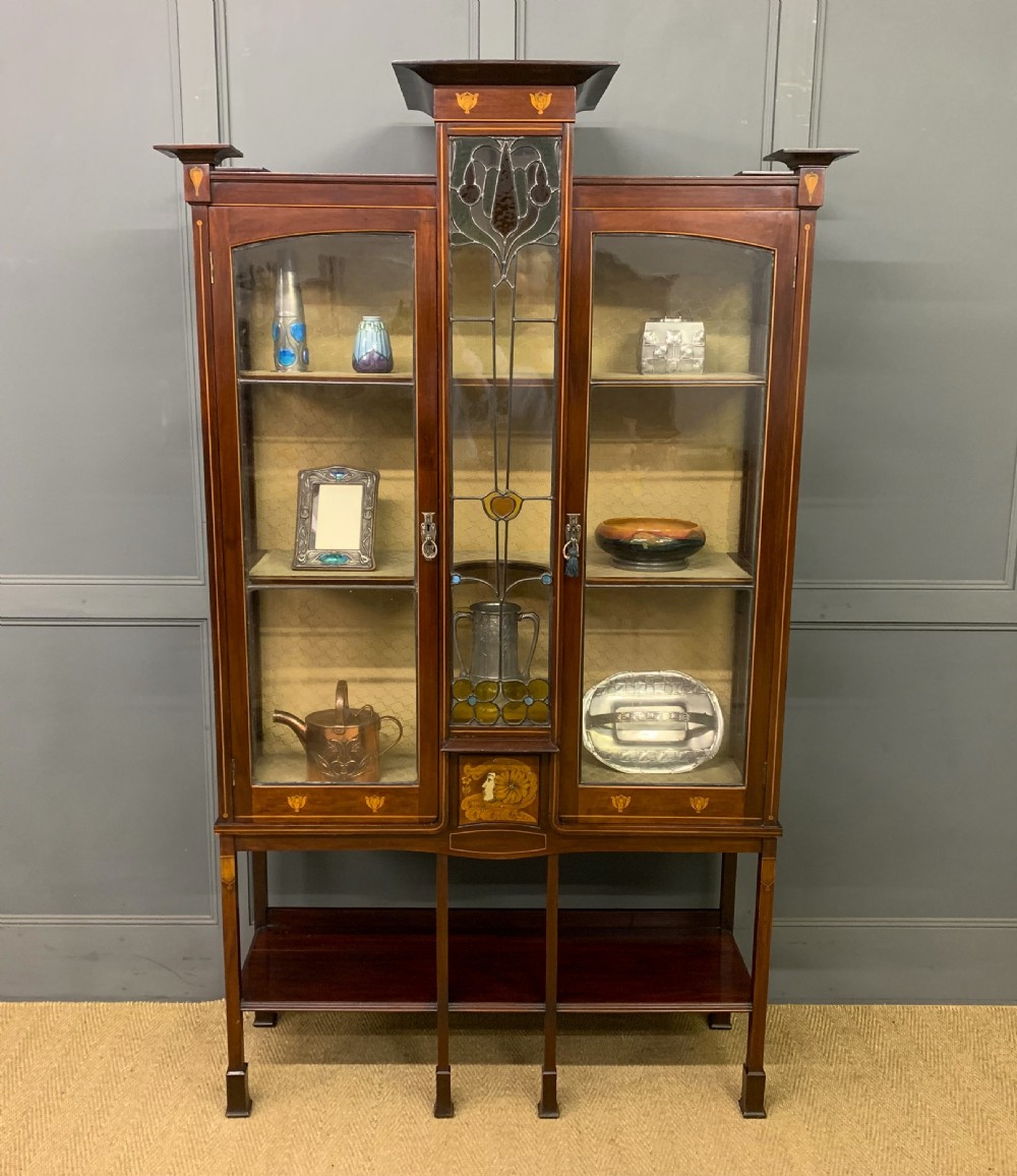 arts and crafts inlaid mahogany display cabinet