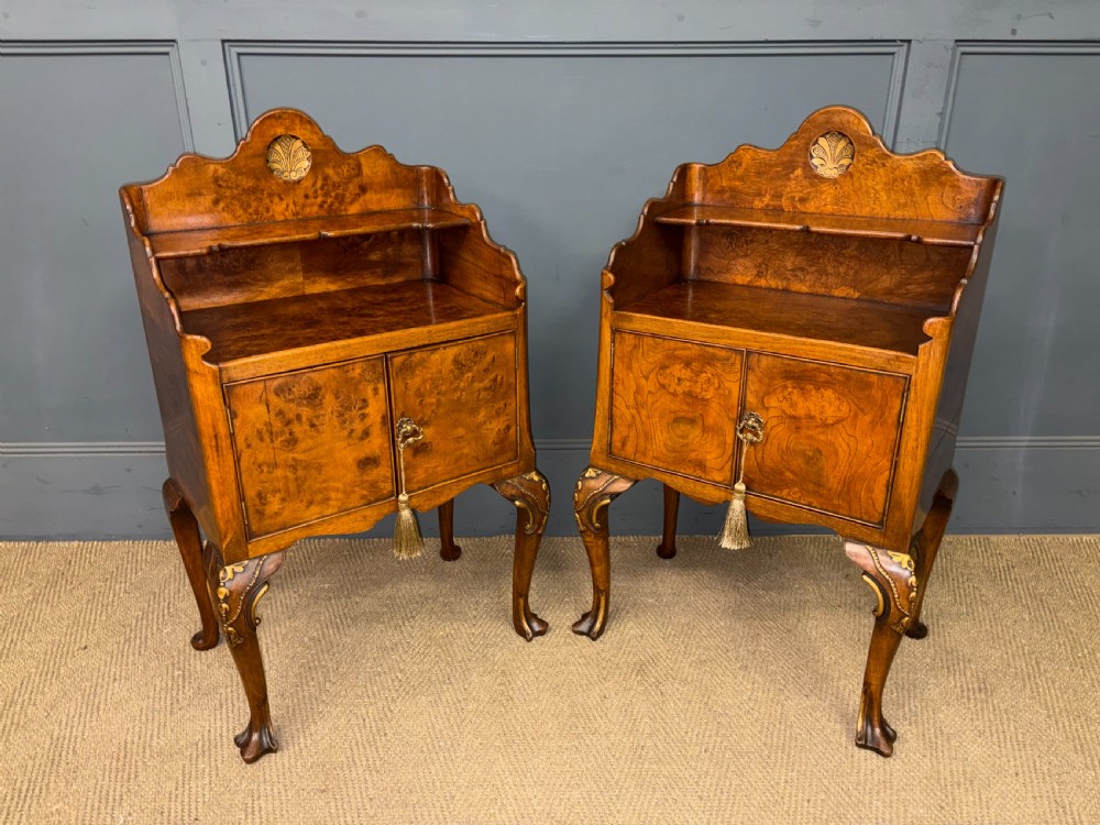 pair of burr walnut bedside cupboards by maple co